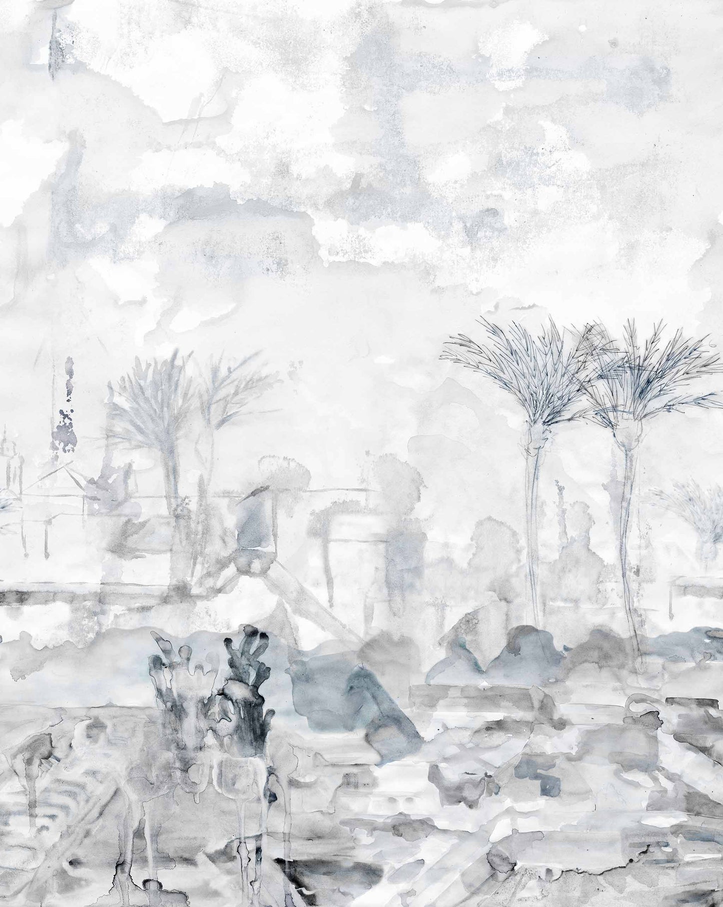 Monochrome abstract Palmeraie Wallpaper Mural depicting a vague, ghostly Marrakech cityscape with indistinct figures and trees.