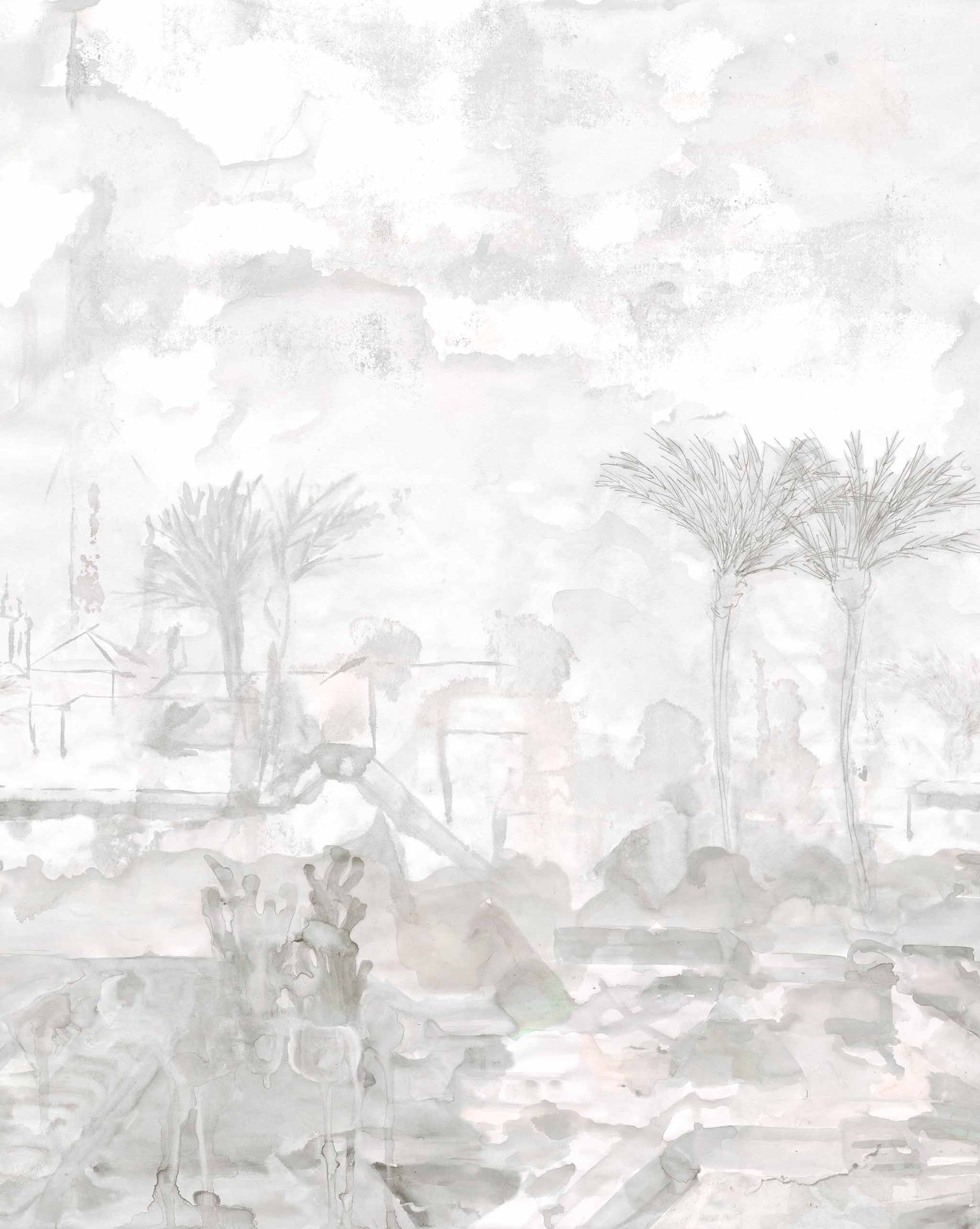 A monochrome watercolor painting depicting an abstract Marrakech cityscape with indistinct forms resembling trees and architectural structures using the Palmeraie Wallpaper Mural||Lumier.