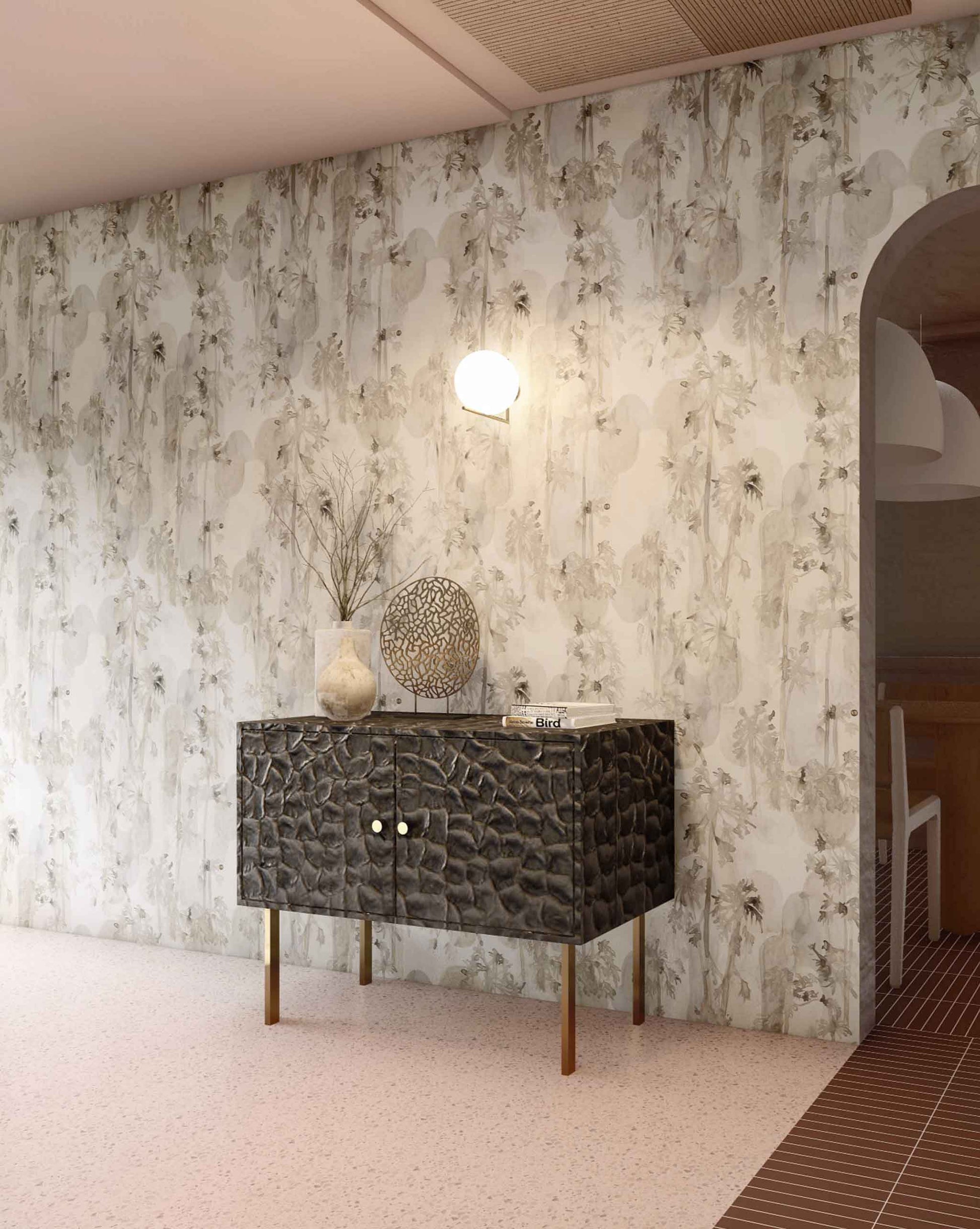 A 3d rendering of a room with a Papaya Arc Wallpaper Sol that resembles tropical abundance in Costa Rica