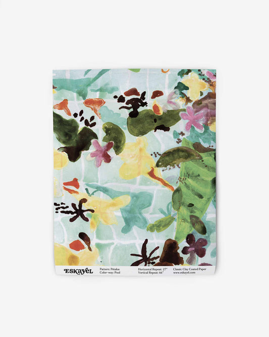 Wallpaper swatch image of Pétalos Pool – a bright multicolor colorway with a turquoise background | Eskayel