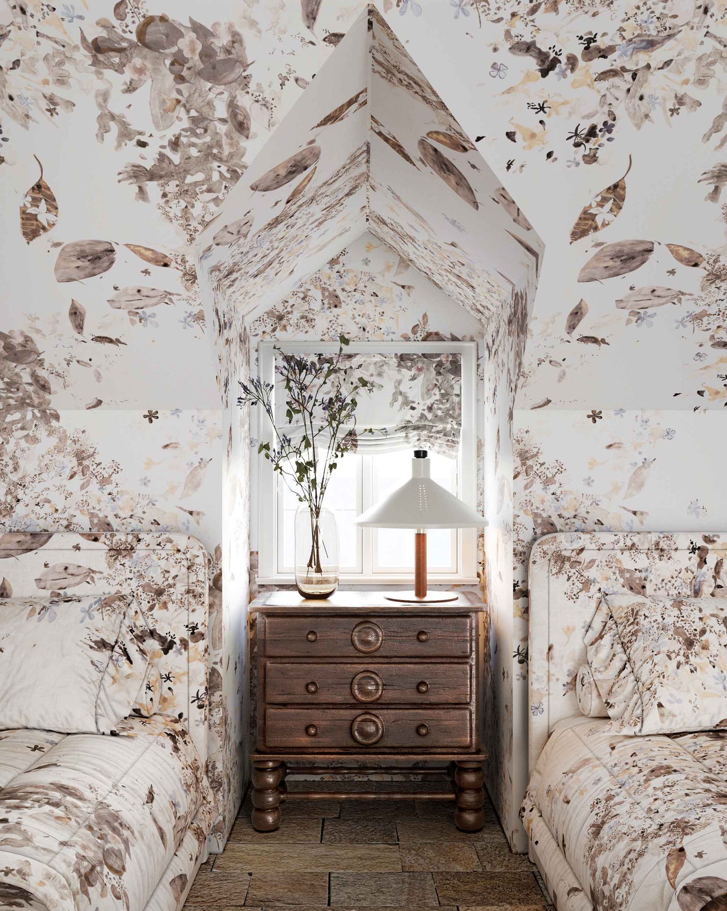 Pétalos Wallpaper Sand Dollar — ink-wash artwork shown installed on a wall, the wallpaper in Sand Dollar is a neutral colorway of pearl, cream, and oyster tones | Eskayel