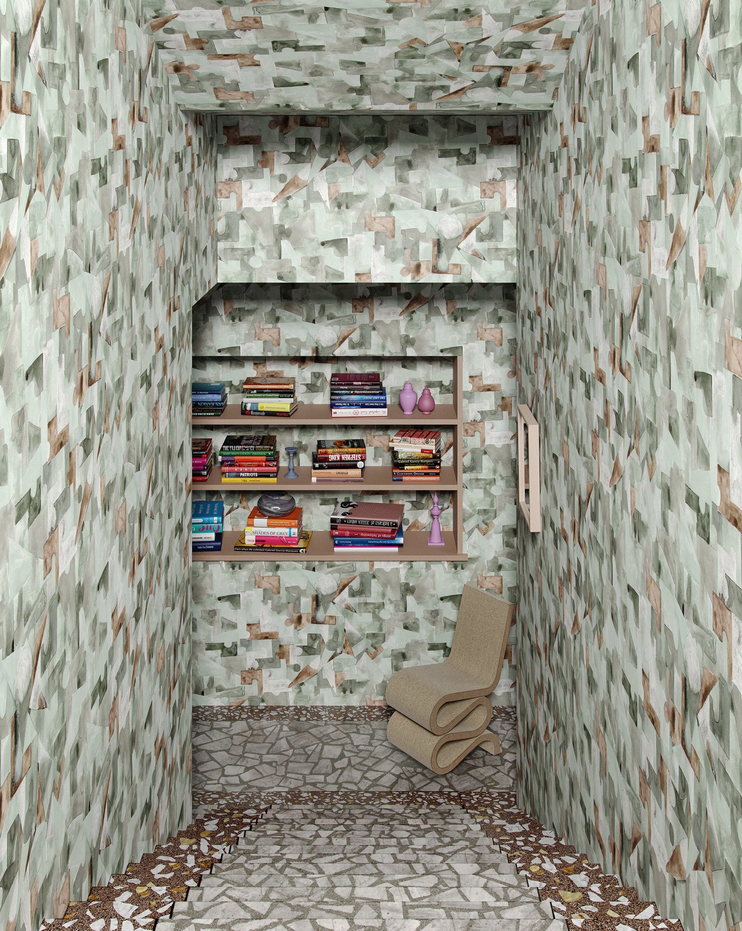 Eskayel's Pieces Tourmaline wallpaper is a green hued and brown installed in a reading nook.
