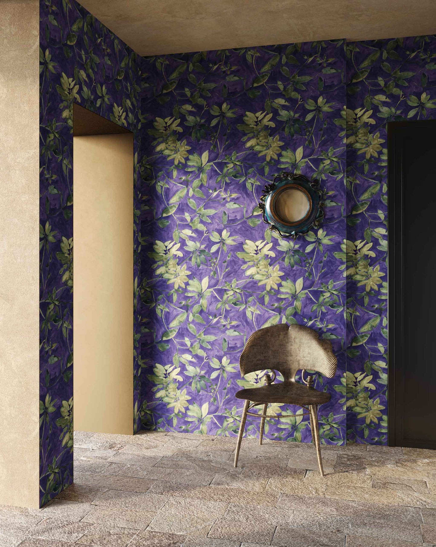 A room appointed with Eskayel’s Plumeria Shadows wallpaper pattern in Eggplant, a colorway of purple with green tones.