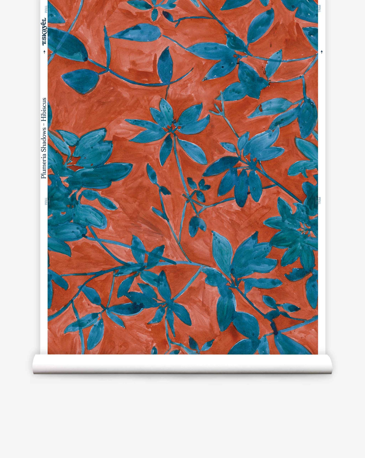A wallpaper roll image of Plumeria Shadows Hibiscus, a colorway featuring rich red and deep blue tones of tropical branches and leaves casting sharp shadows in the midday sun | Eskayel