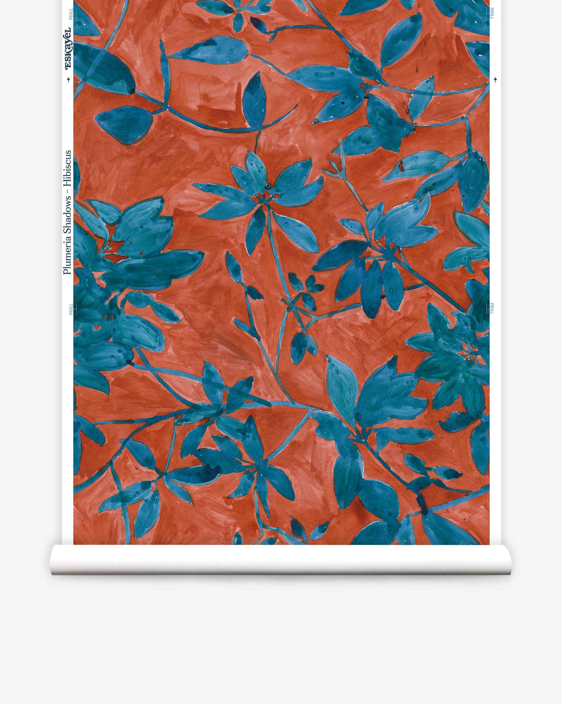 A wallpaper roll image of Plumeria Shadows Hibiscus, a colorway featuring rich red and deep blue tones of tropical branches and leaves casting sharp shadows in the midday sun | Eskayel