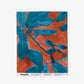 A wallpaper swatch image of Plumeria Shadows pattern in Hibiscus, a colorway featuring a rich red background and deep blue leaves | Eskayel