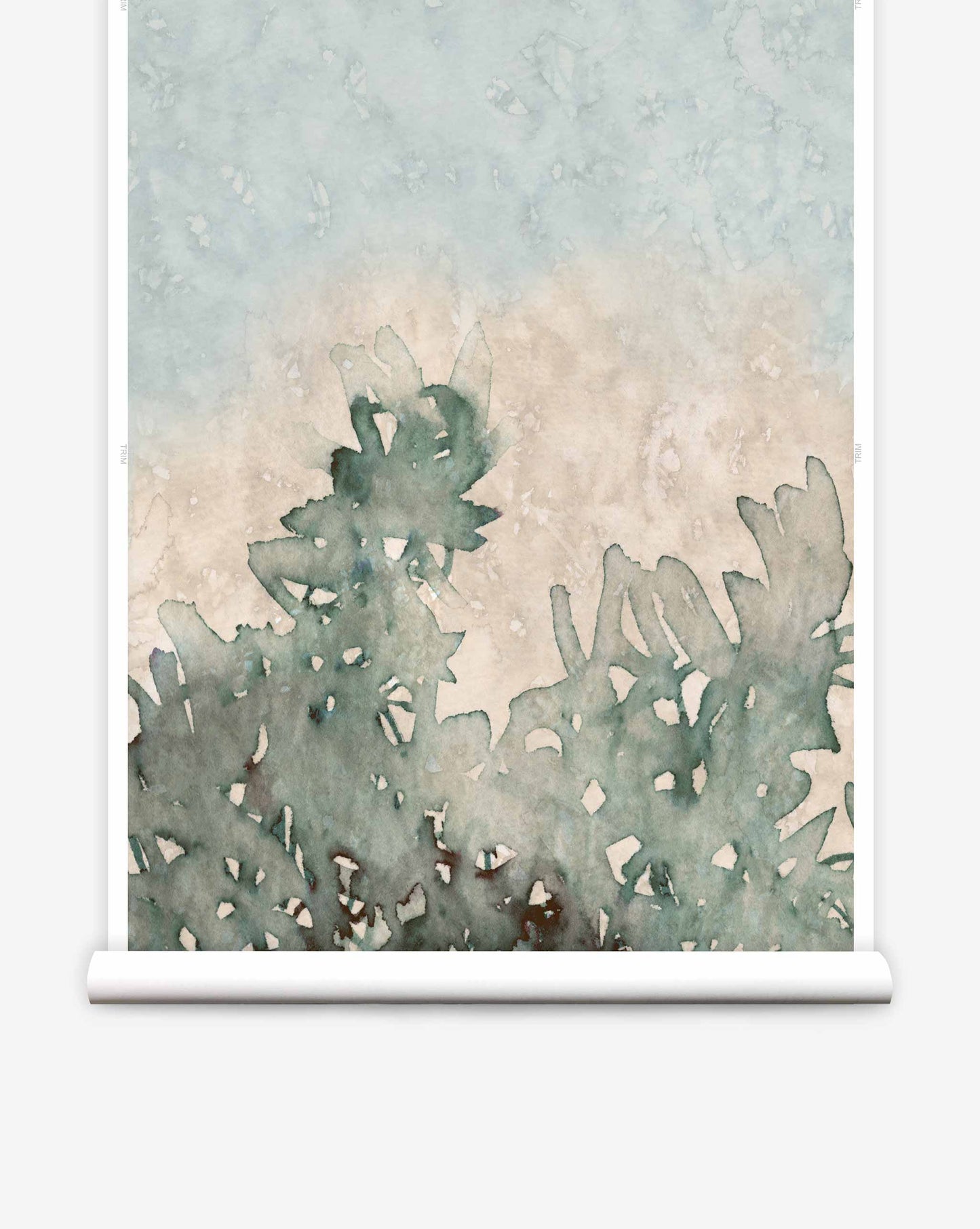 A watercolor painting from the Parc collection. Prospect wallpaper mural in the  Verde colorway, showcases lush foliage in front of a light blue and beige sky.