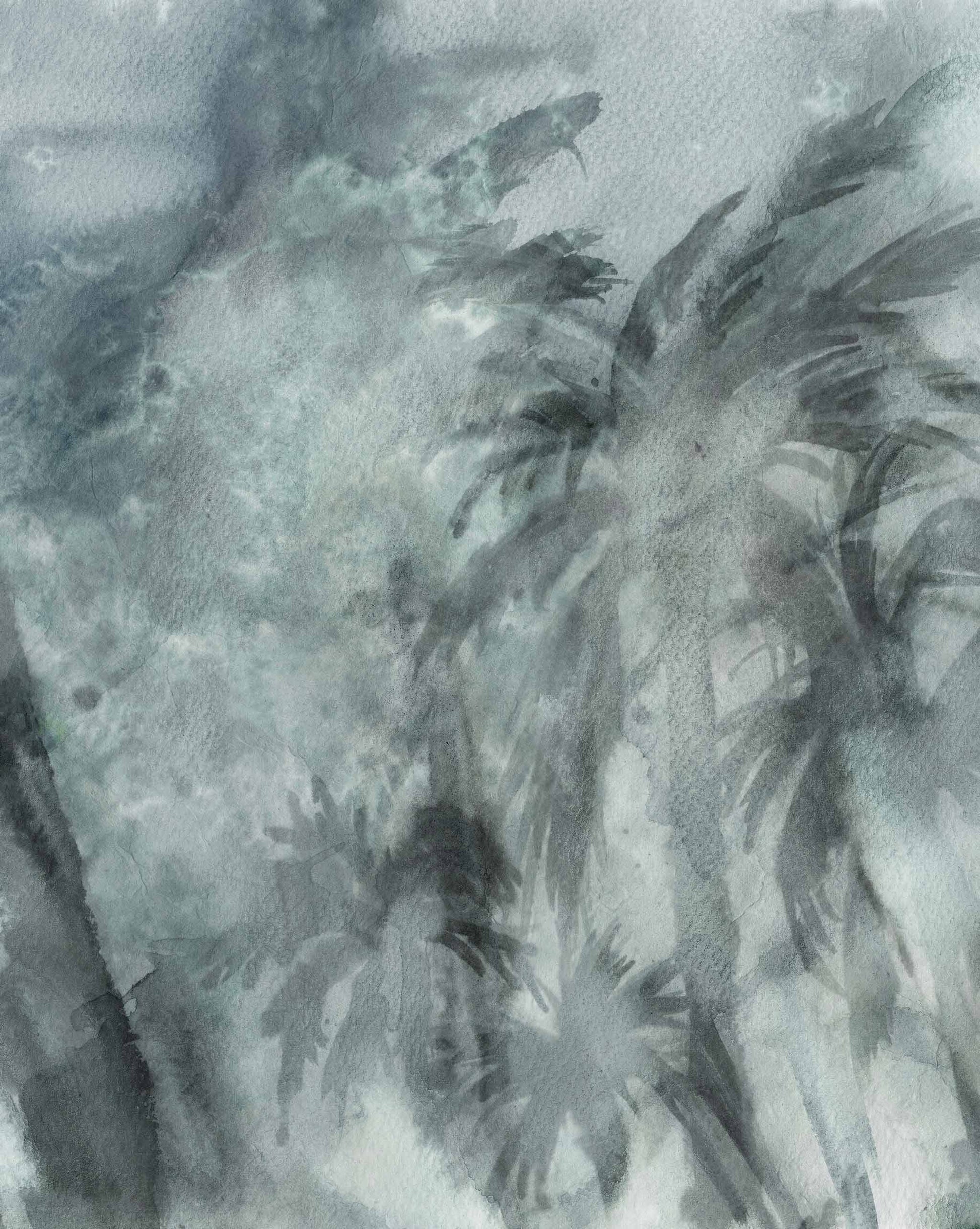 Abstract watercolor Reflettere Wallpaper Mural||Notte of a stormy scene with dark, blurred palm trees in shades of gray.