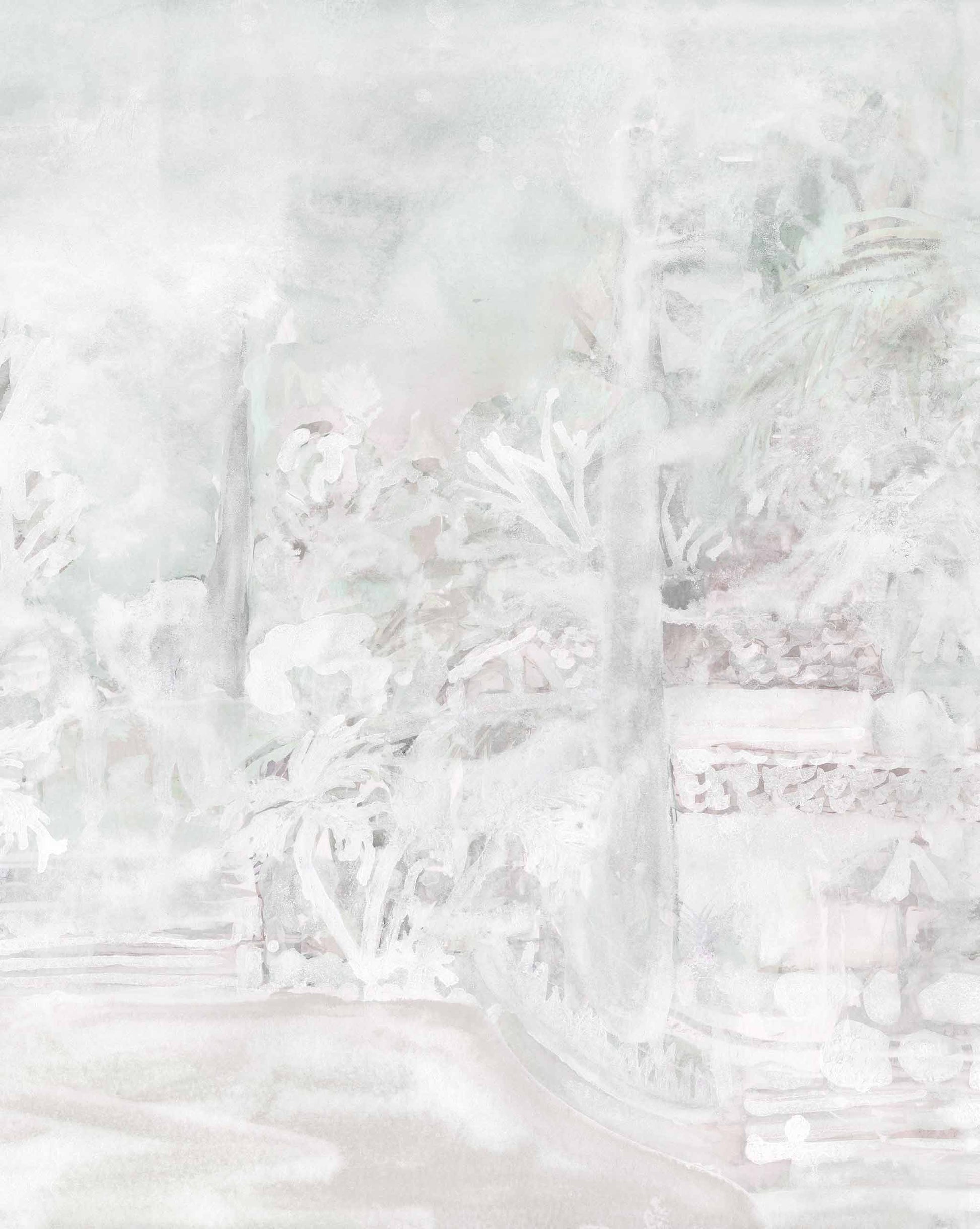 An impressionistic painting in shades of white depicting a serene, snow-covered landscape with subtle outlines of trees and foliage, evoking the Regalo di Dio Wallpaper Mural||Alba of an Italian villa.