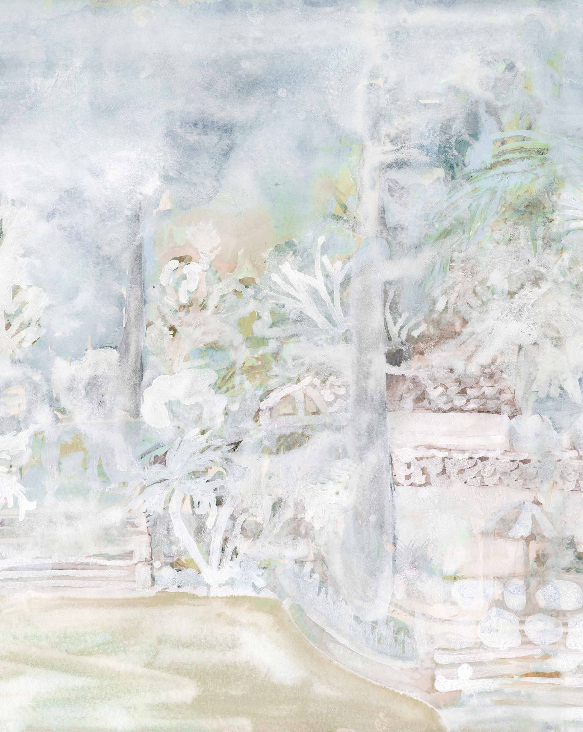 Watercolor painting of a serene, snow-covered landscape with muted colors, depicting an Italian villa and trees barely visible through a foggy, wintry haze using the Regalo di Dio Wallpaper Mural||Aqua.