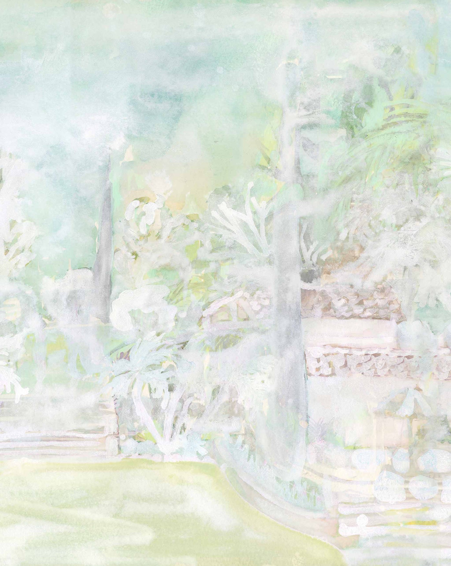 A soft watercolor painting of Regalo di Dio Wallpaper Mural||Luminosa with lush greenery and pastel tones, depicting trees, shrubs, and a hint of a pathway.