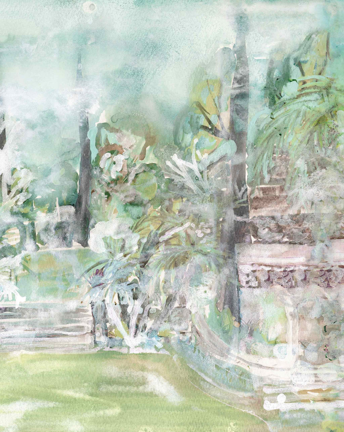 Watercolor painting depicting a lush, tropical garden with dense foliage and terracotta pieces, rendered in soft, dreamy pastel tones. 

Regalo di Dio Wallpaper Mural||Verde