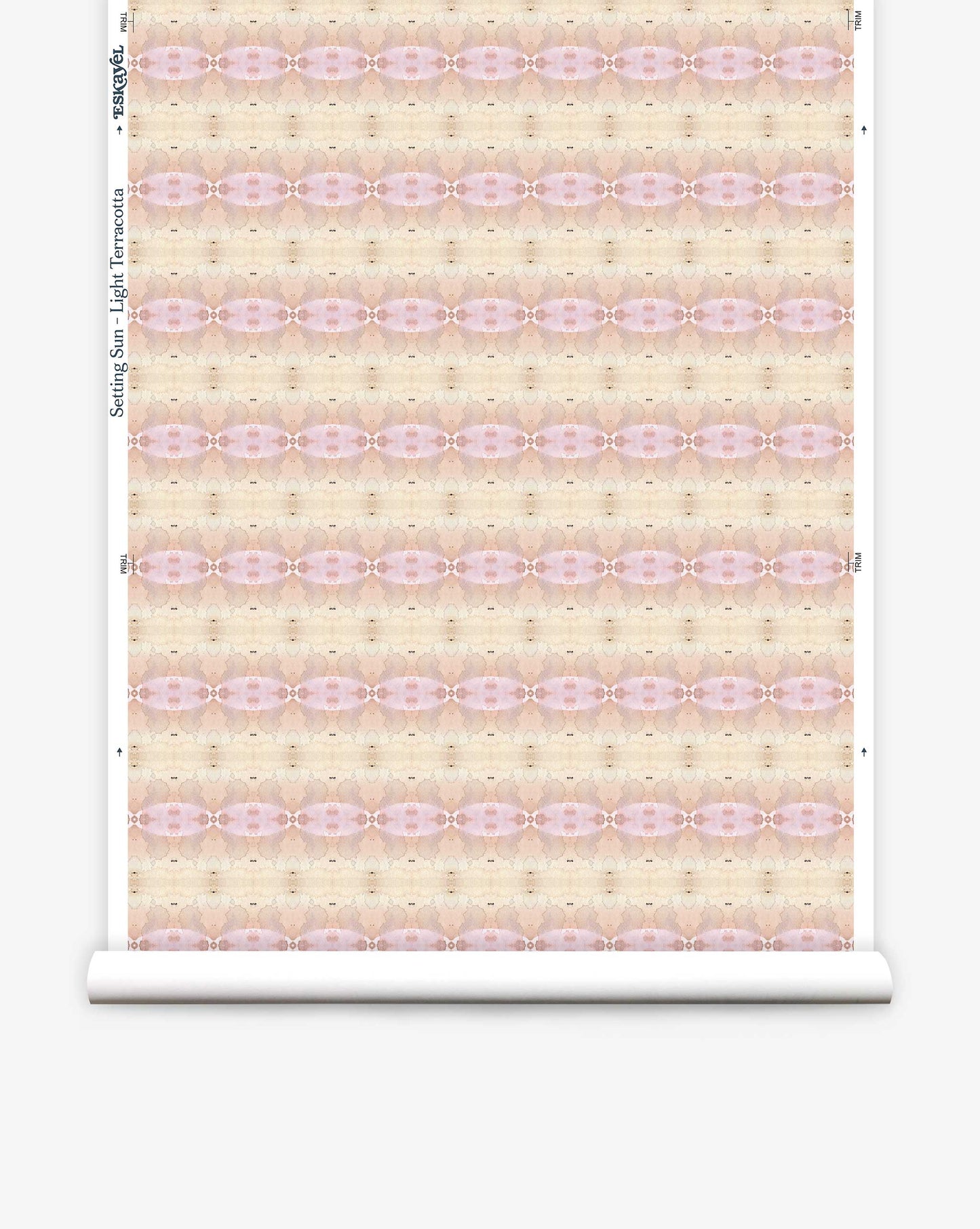 A roll of Setting Sun Wallpaper||Light Terracotta with a repeating pattern in soft pink and Light Terracotta tones is shown.
