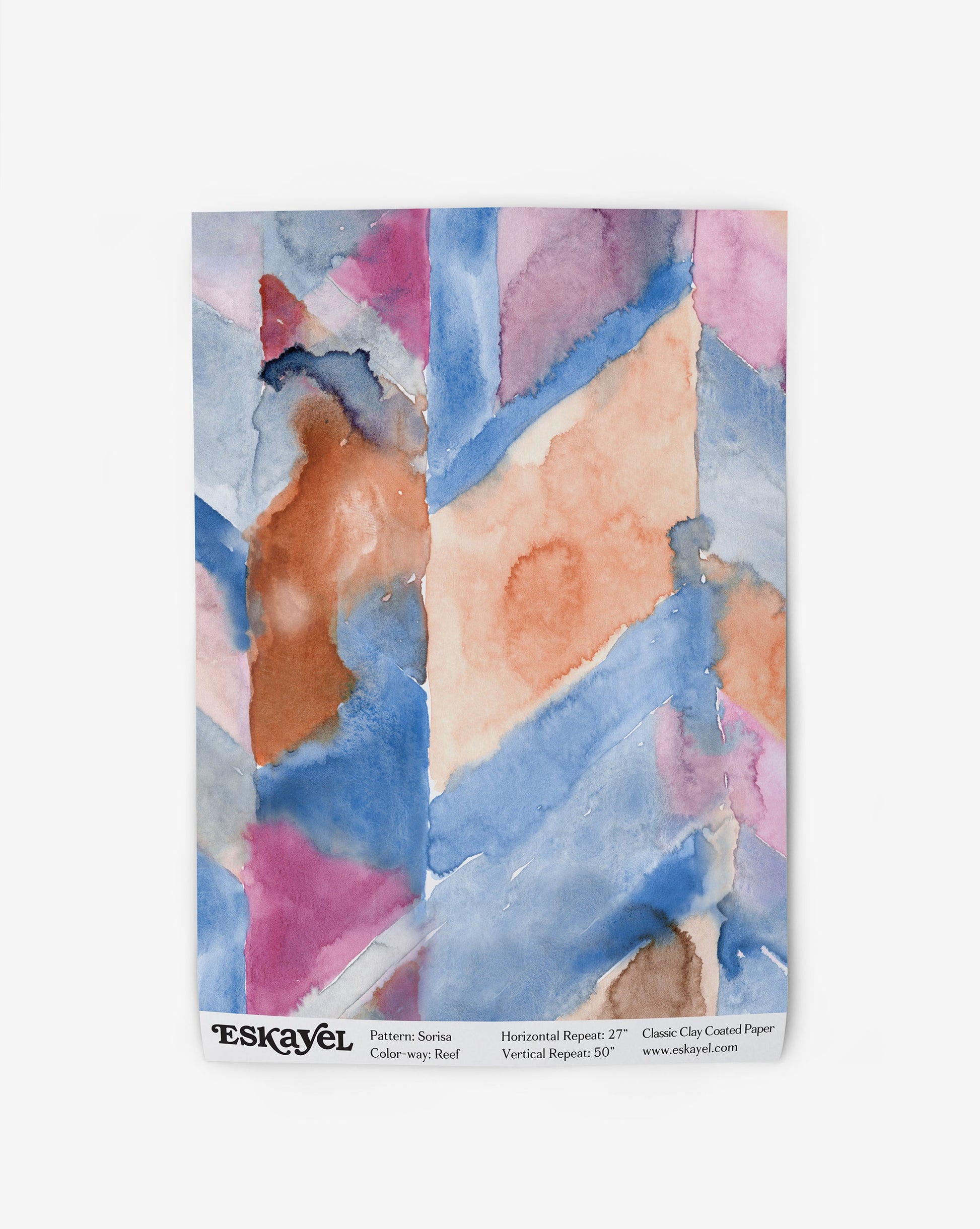 A blue, pink, and orange watercolor painting in the Sorisa Wallpaper Reef collection