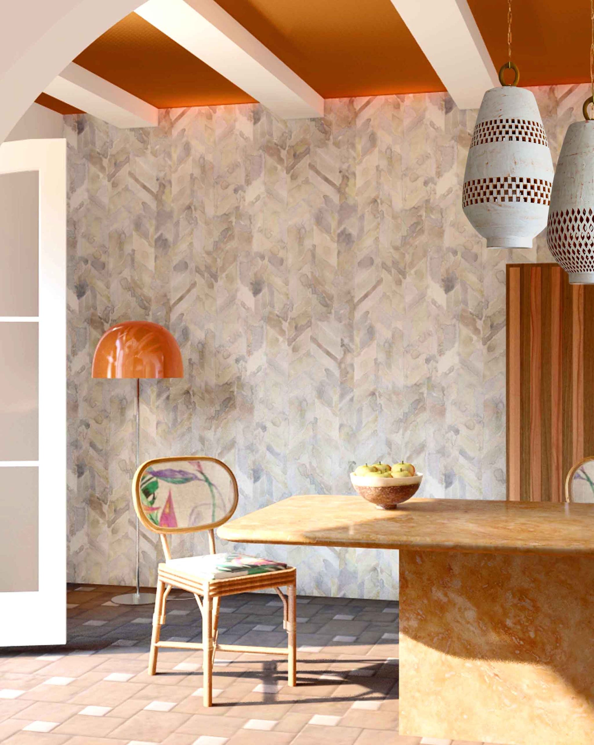 A dining room with a wooden table from the Sorisa Wallpaper Sol collection