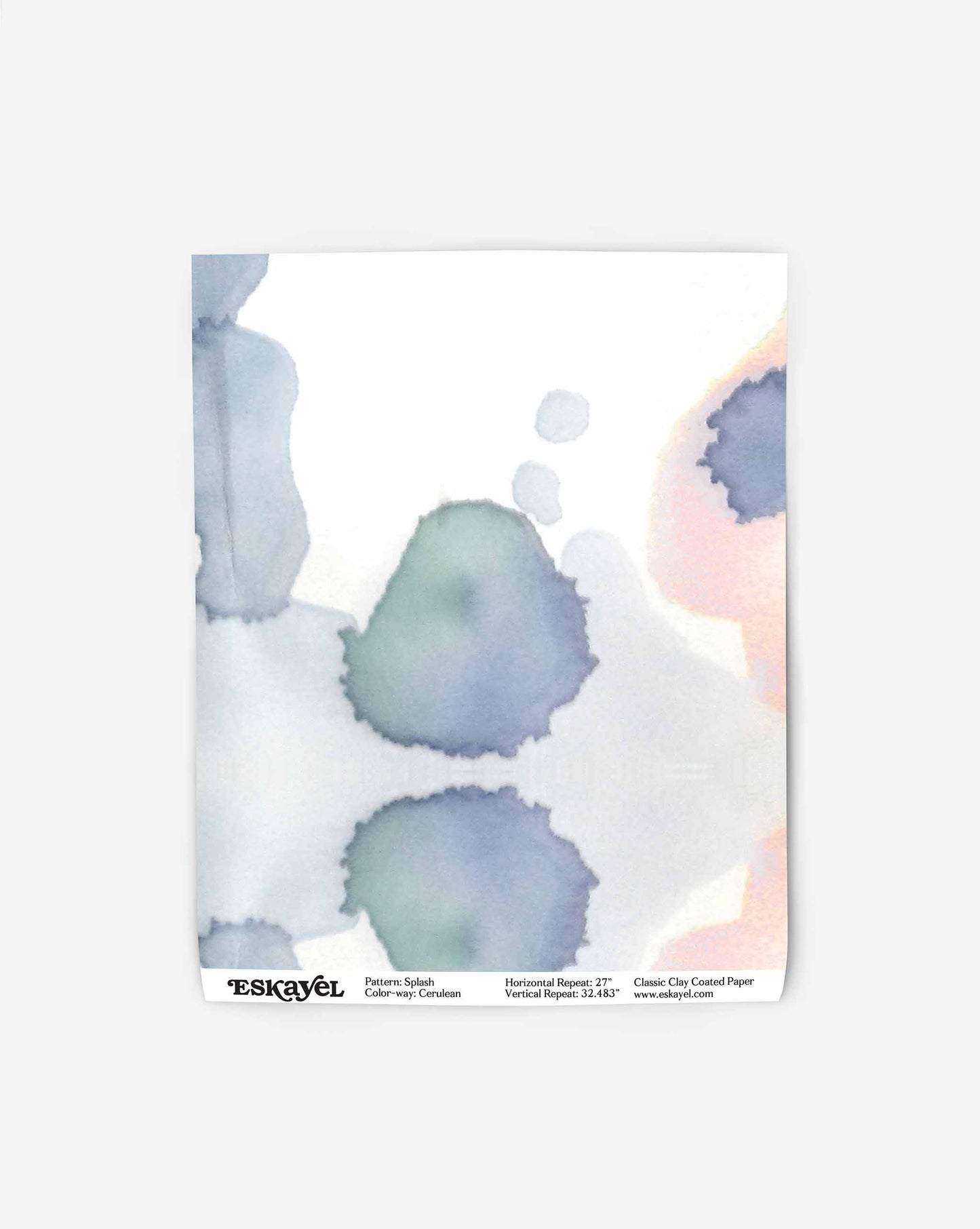 Abstract watercolor design on a piece of Splash Wallpaper||Cerulean with blue, green, and gray splotches, overlaid text at the bottom indicating specifications and branding.