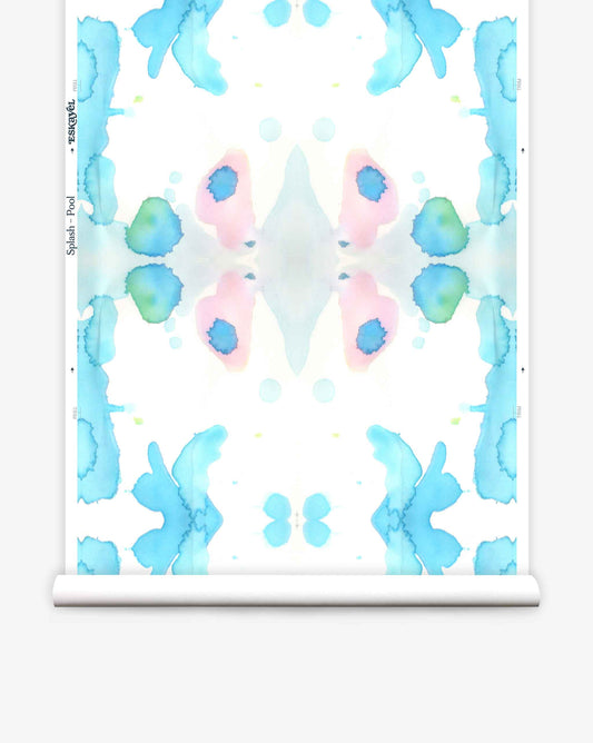 Abstract watercolor pattern with symmetrical blue and pink blotches displayed on Splash Wallpaper||Pool on an easel.