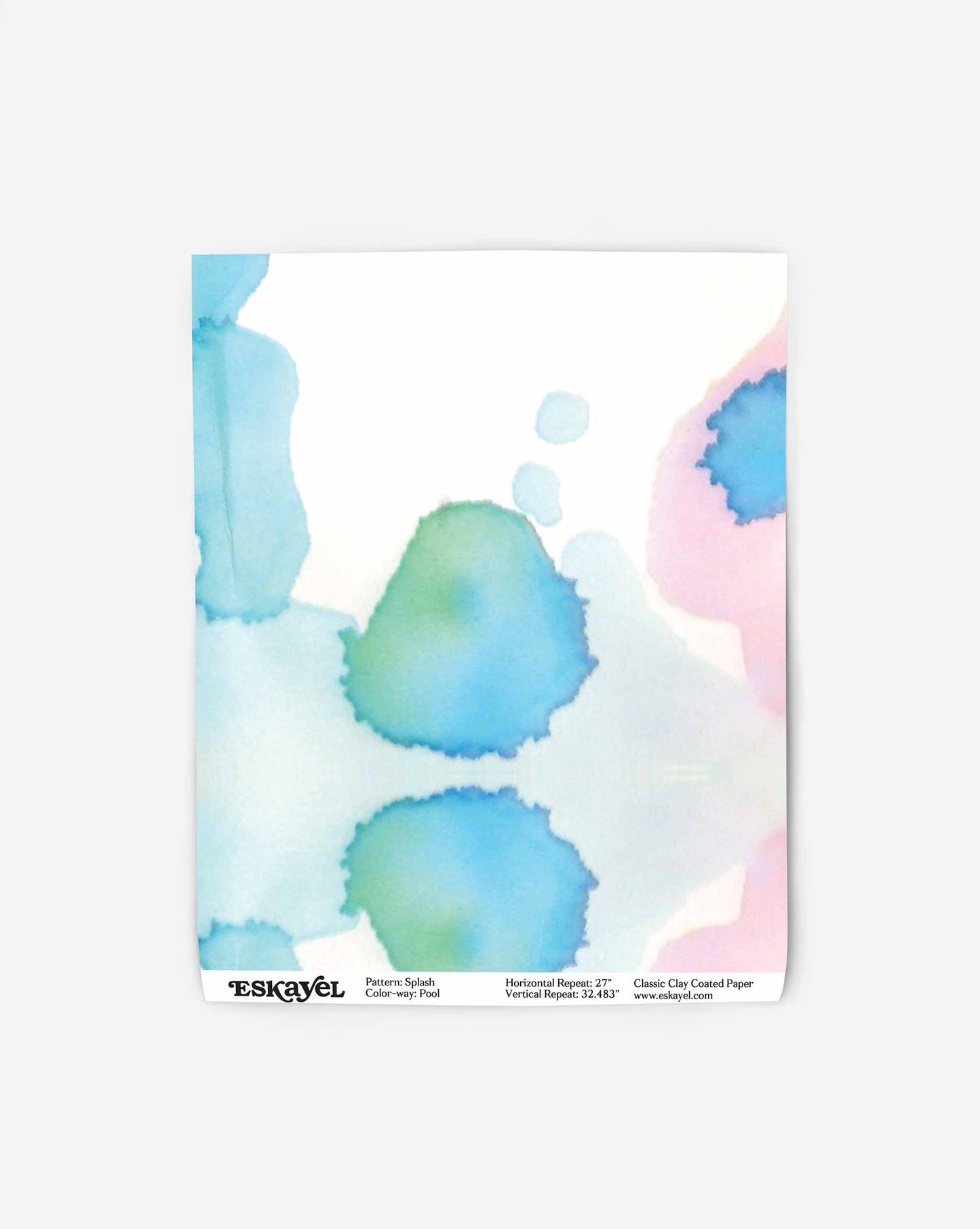A sheet of paper with colorful watercolor splotches in blue, green, and pink reminiscent of luxurious wallpapers. The paper features the Splash Wallpaper||Pool logo and product details at the bottom.