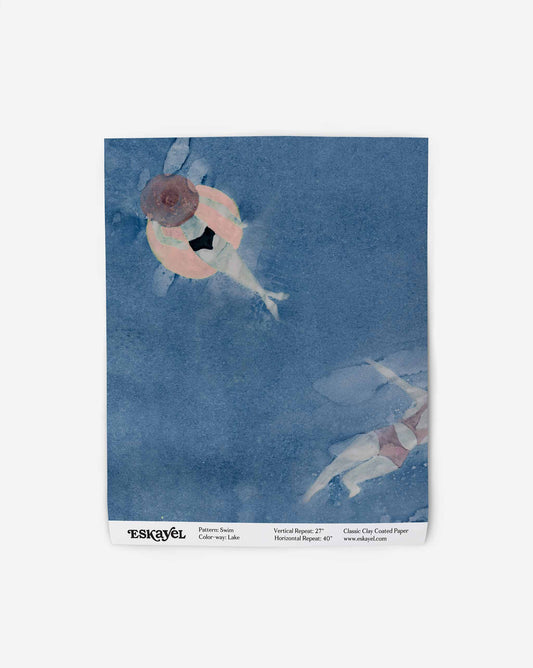 Watercolor painting on paper depicting abstract forms in pink and brown hues set against a deep blue background. Order Swim Wallpaper Sample for a closer look.