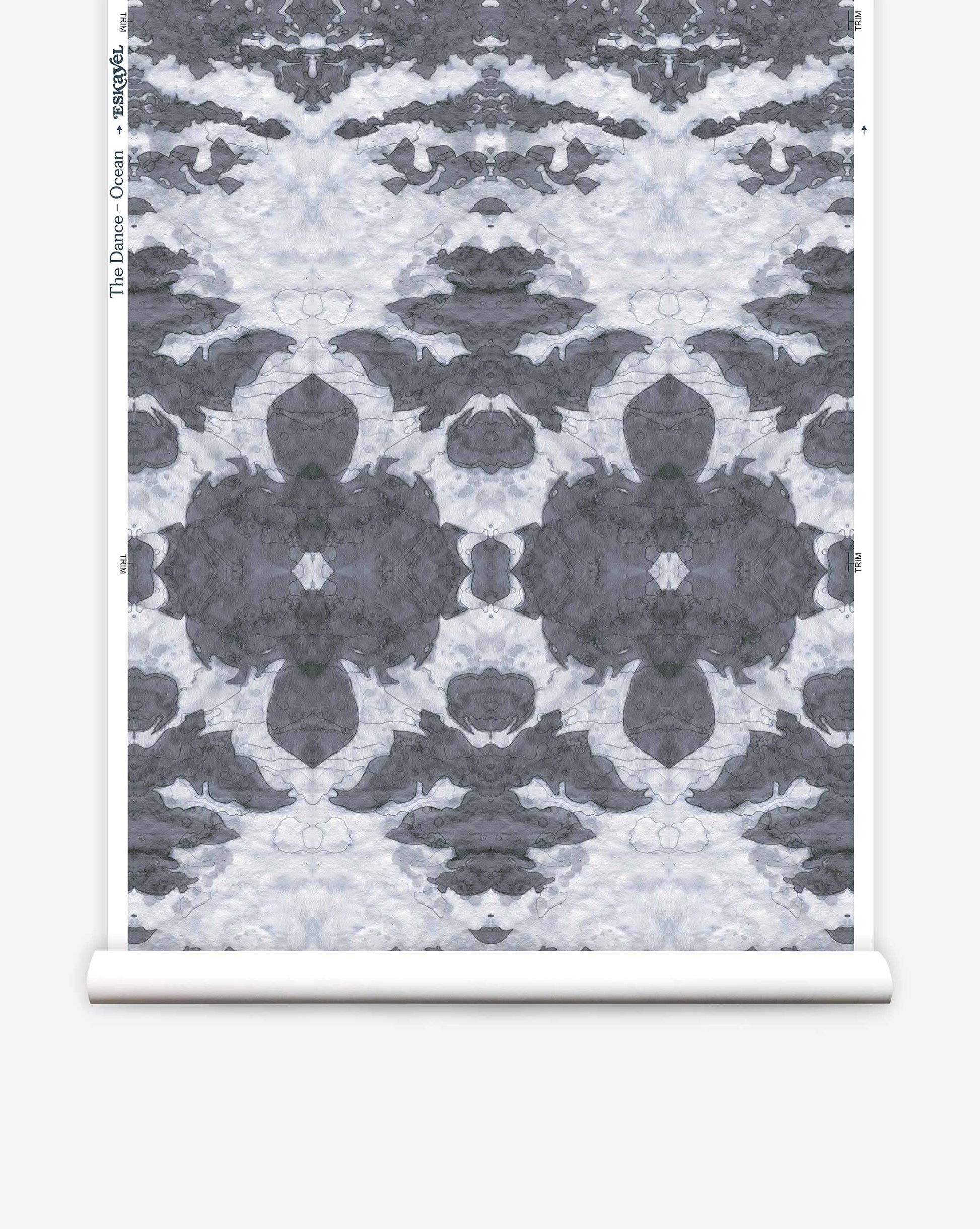 Symmetrical abstract pattern in shades of gray and white resembling cloud formations from the The Dance Wallpaper||Ocean Collection, displayed on a scroll-like canvas.