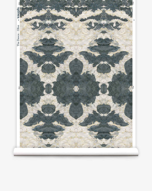 Dance Wallpaper||Olive featuring an abstract pattern of large, dark gray floral motifs against a marbled cream background.