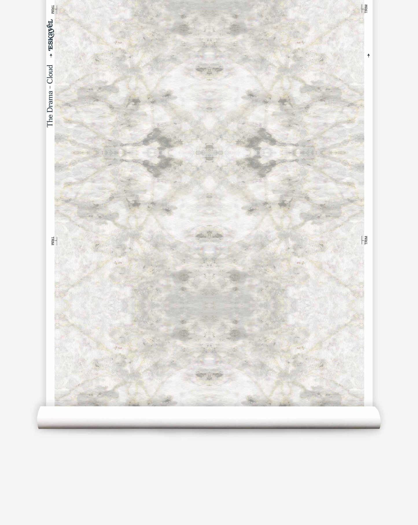 A roll of The Drama Wallpaper||Cloud with a symmetrical, abstract gray and white pattern, displayed unrolled against a plain background.
