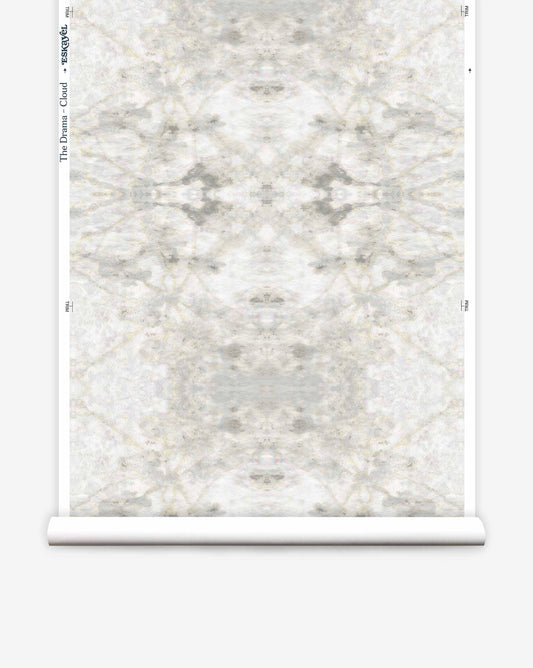 A roll of The Drama Wallpaper||Cloud with a symmetrical, abstract gray and white pattern, displayed unrolled against a plain background.
