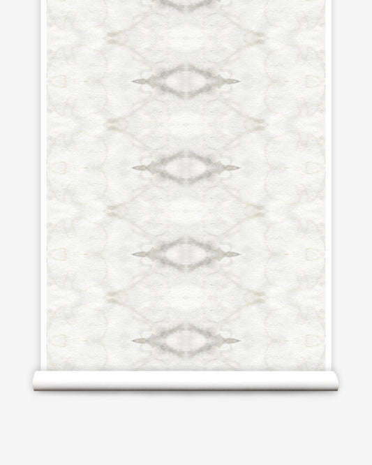 A roll of The Knitting Wallpaper 10'ft Panels in the Cloud colorway with a geometric pattern
