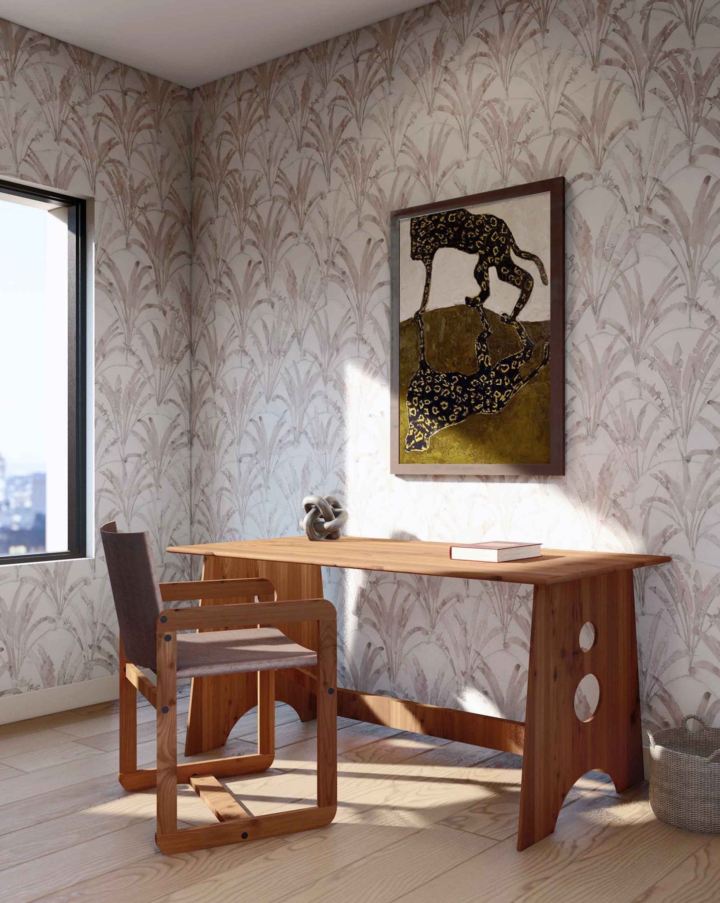 A room with a desk and a chair for Travelers Palm Wallpaper or Shell custom order
