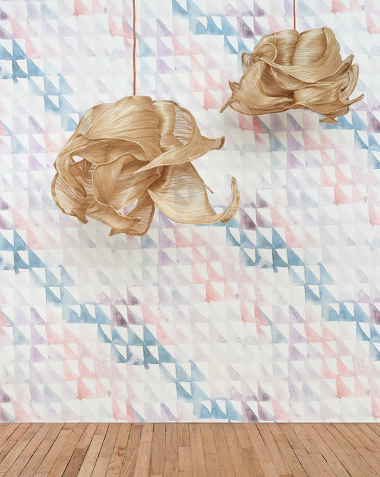 Two Triangle Checks Wallpaper Reef hanging from a wall in a room