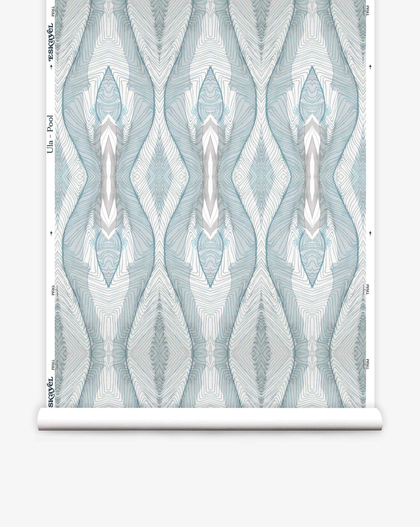 A roll of Ula Wallpaper||Pool featuring a symmetrical teal and white geometric pattern.