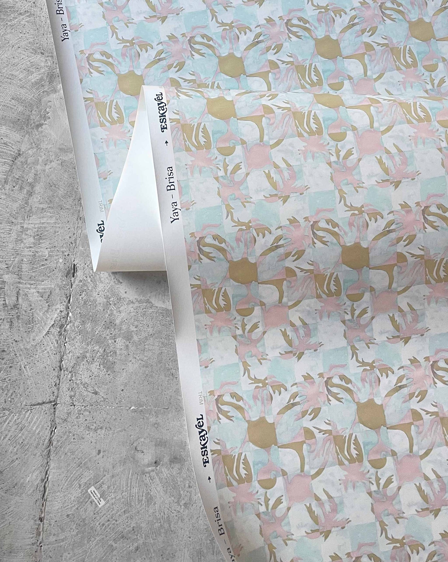 Yaya wallpaper in Brisa in close up — beach-themed graphic botanical wallpaper in turquoise, taupe, and light pink | Eskayel