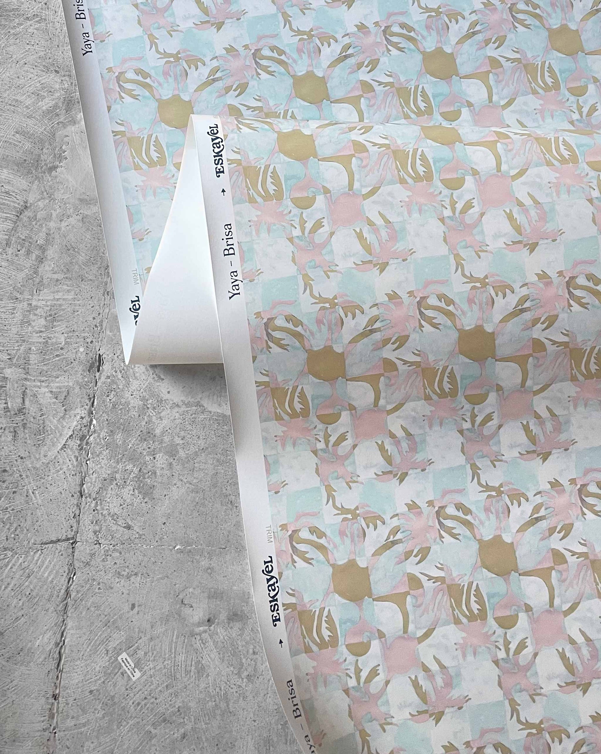 Yaya wallpaper in Brisa in close up — beach-themed graphic botanical wallpaper in turquoise, taupe, and light pink | Eskayel