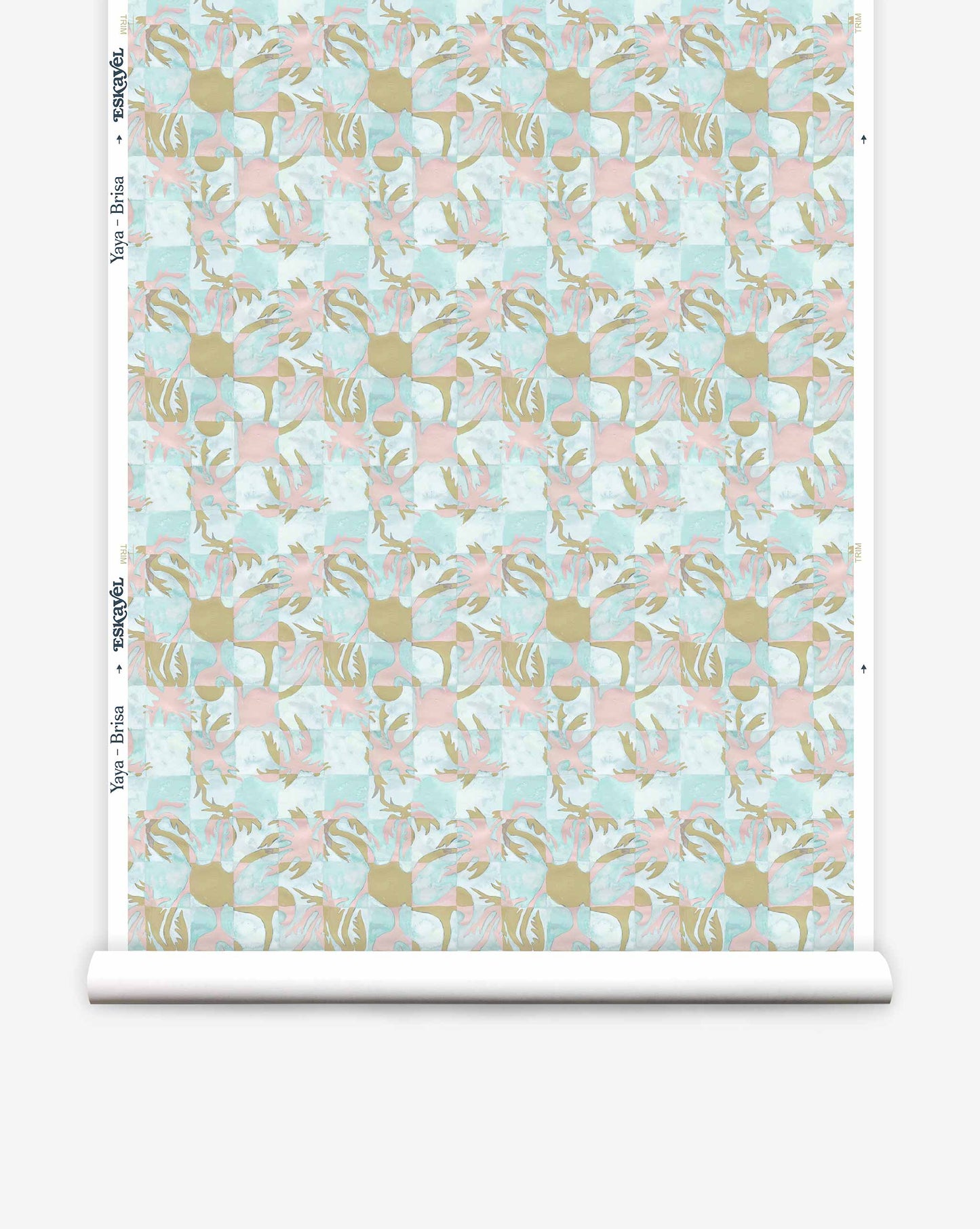 Yaya wallpaper in Brisa on a roll — beach-themed graphic botanical fabric in turquoise, taupe, and light pink | Eskayel