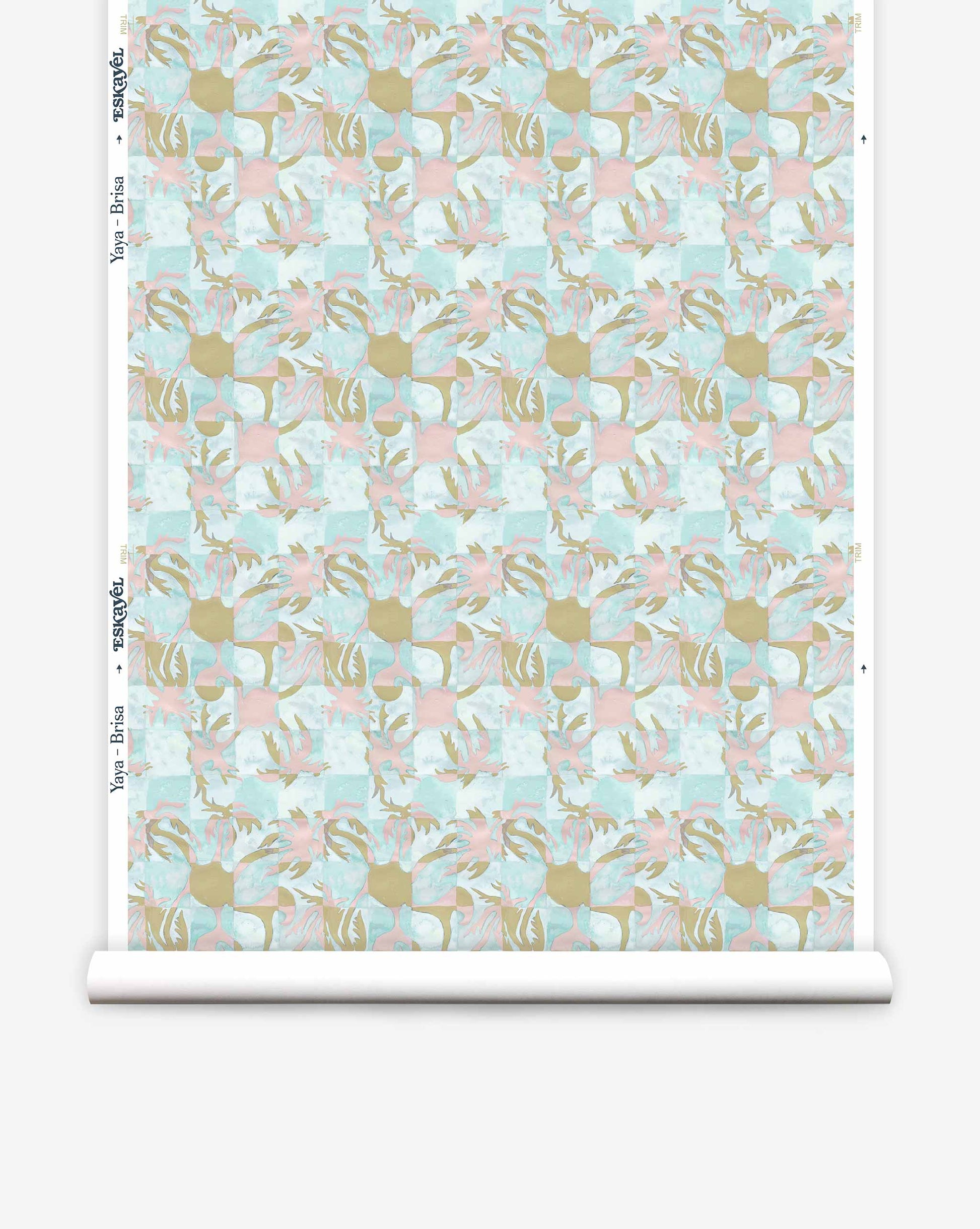 Yaya wallpaper in Brisa on a roll — beach-themed graphic botanical fabric in turquoise, taupe, and light pink | Eskayel