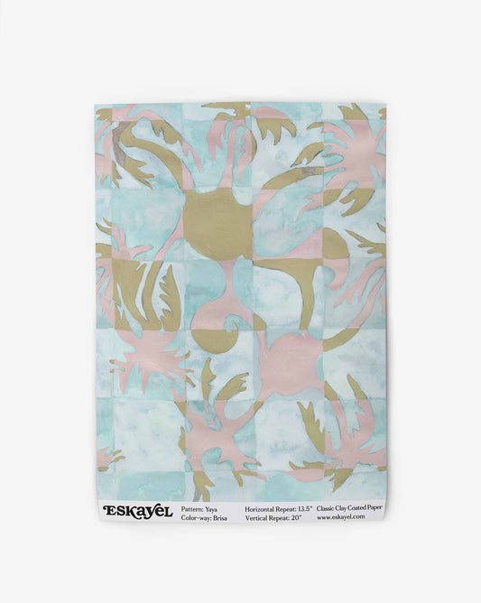 Yaya wallpaper in Brisa as a swatch — beach-themed graphic botanical wallpaper in turquoise, taupe, and light pink | Eskayel