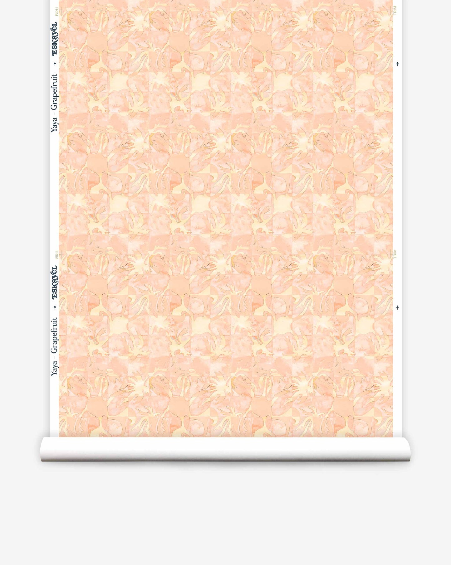 Yaya wallpaper in Grapefruit on a roll — beach-themed graphic botanical fabric in pale peach with highlights of light yellow | Eskayel