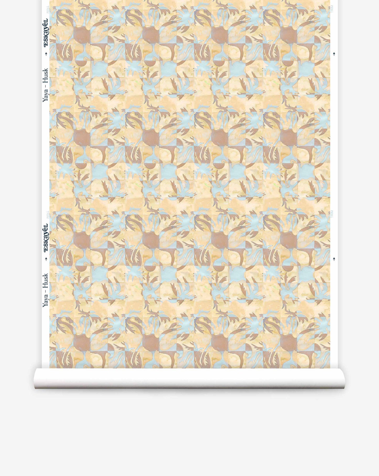Yaya wallpaper in Husk on a roll — beach-themed graphic botanical fabric in creamy yellow, earthy brown, and light blue | Eskayel