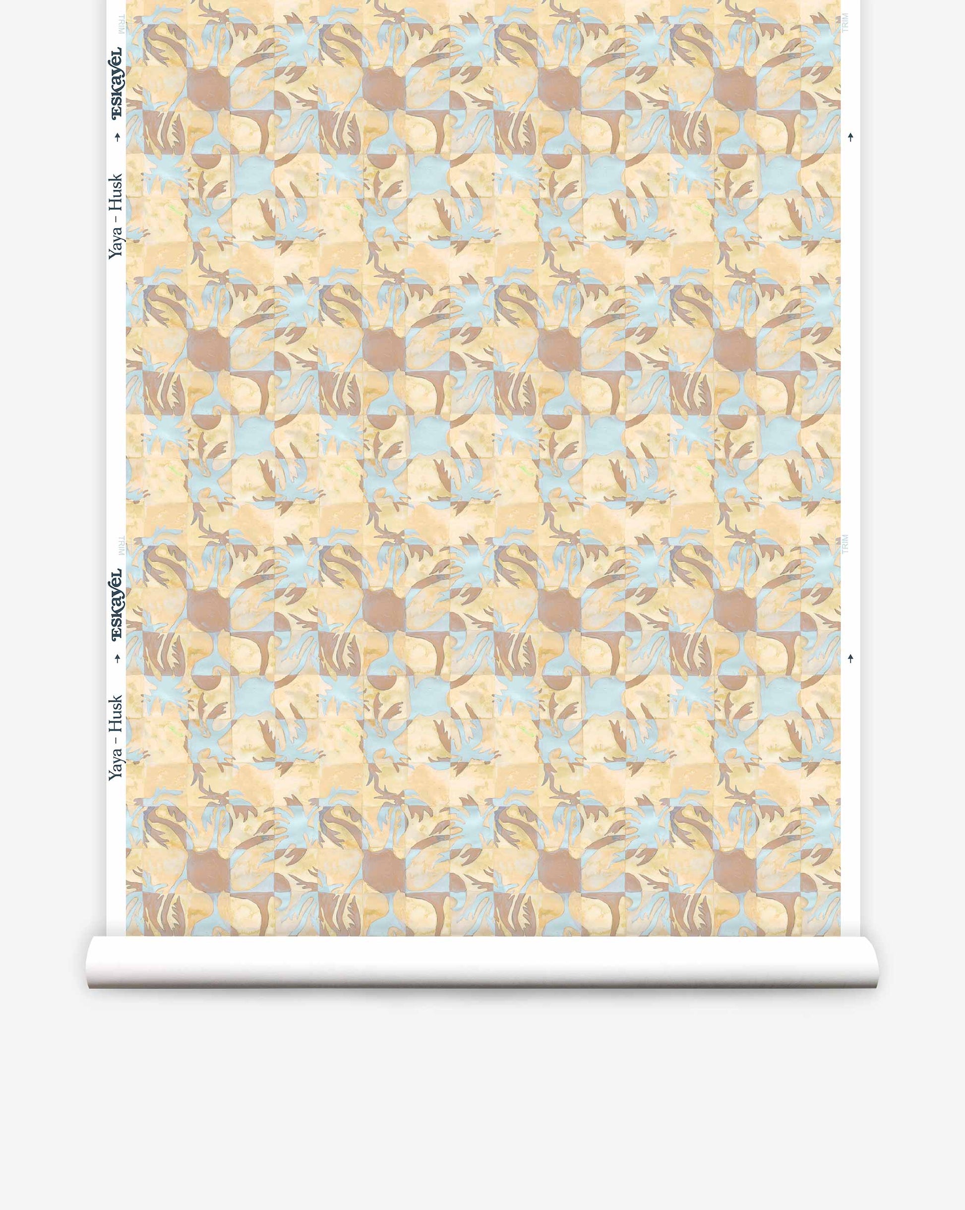 Yaya wallpaper in Husk on a roll — beach-themed graphic botanical fabric in creamy yellow, earthy brown, and light blue | Eskayel