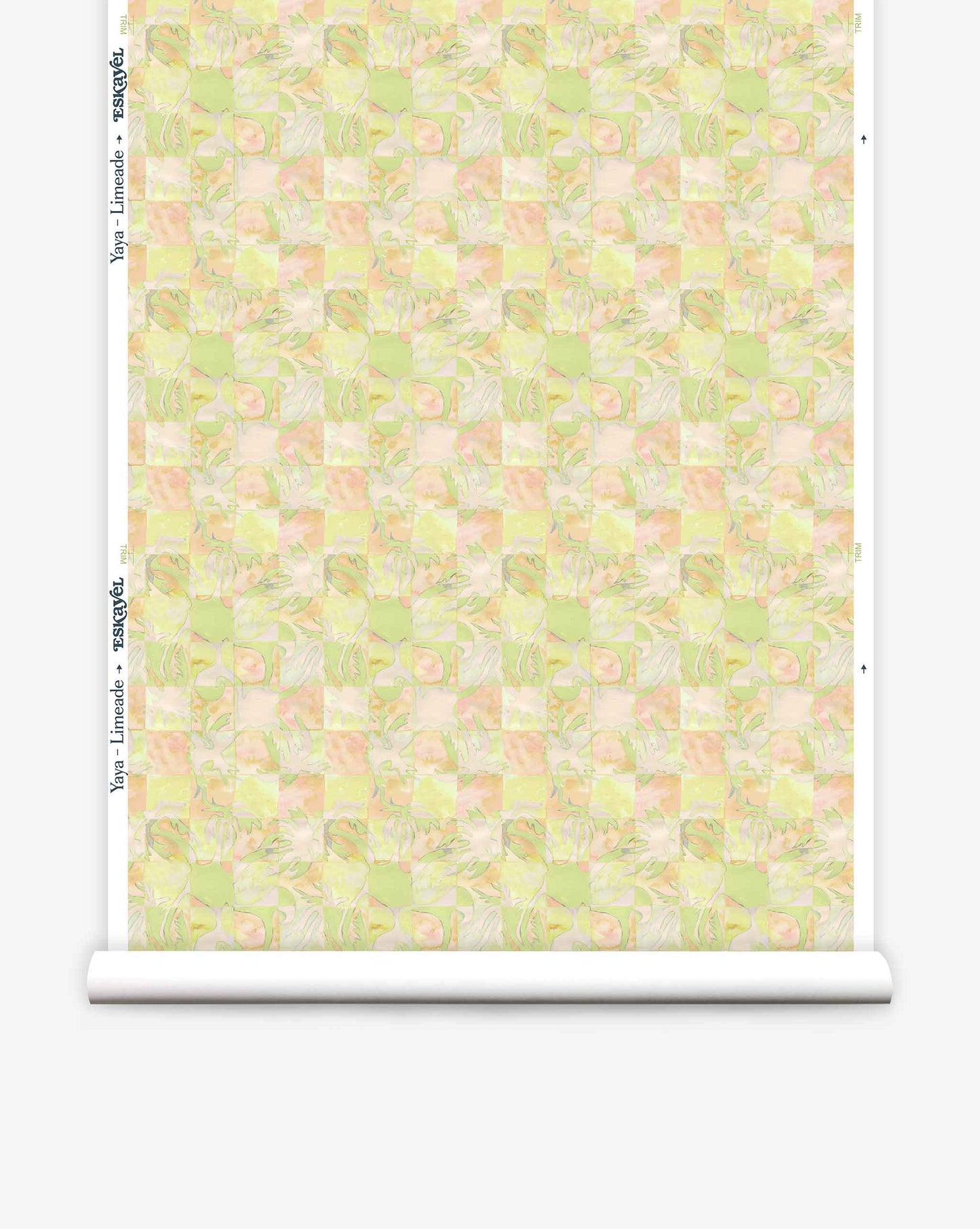 Yaya wallpaper in Limeade on a roll — beach-themed graphic botanical fabric in bright yellow, lime green, and peach | Eskayel