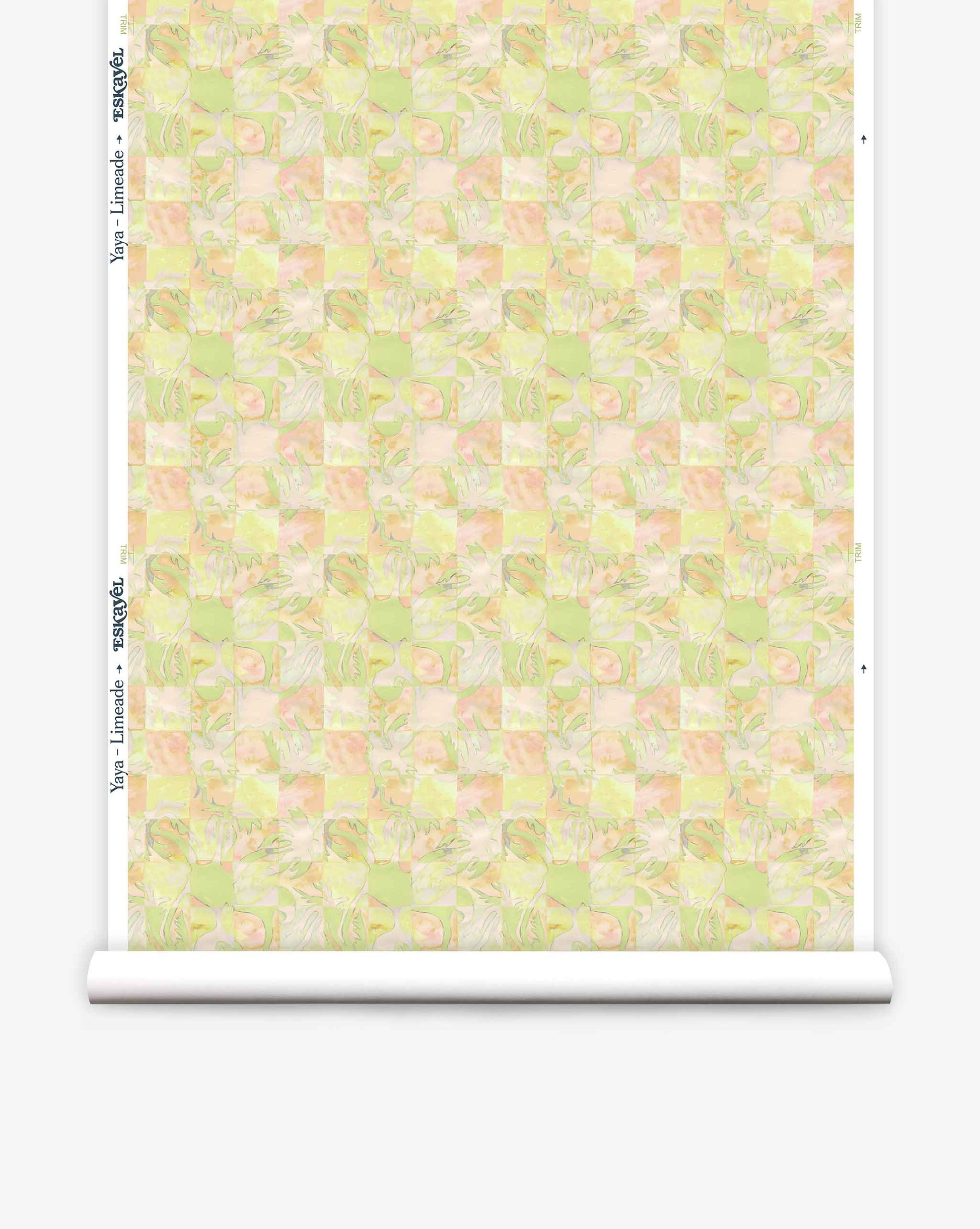 Yaya wallpaper in Limeade on a roll — beach-themed graphic botanical fabric in bright yellow, lime green, and peach | Eskayel
