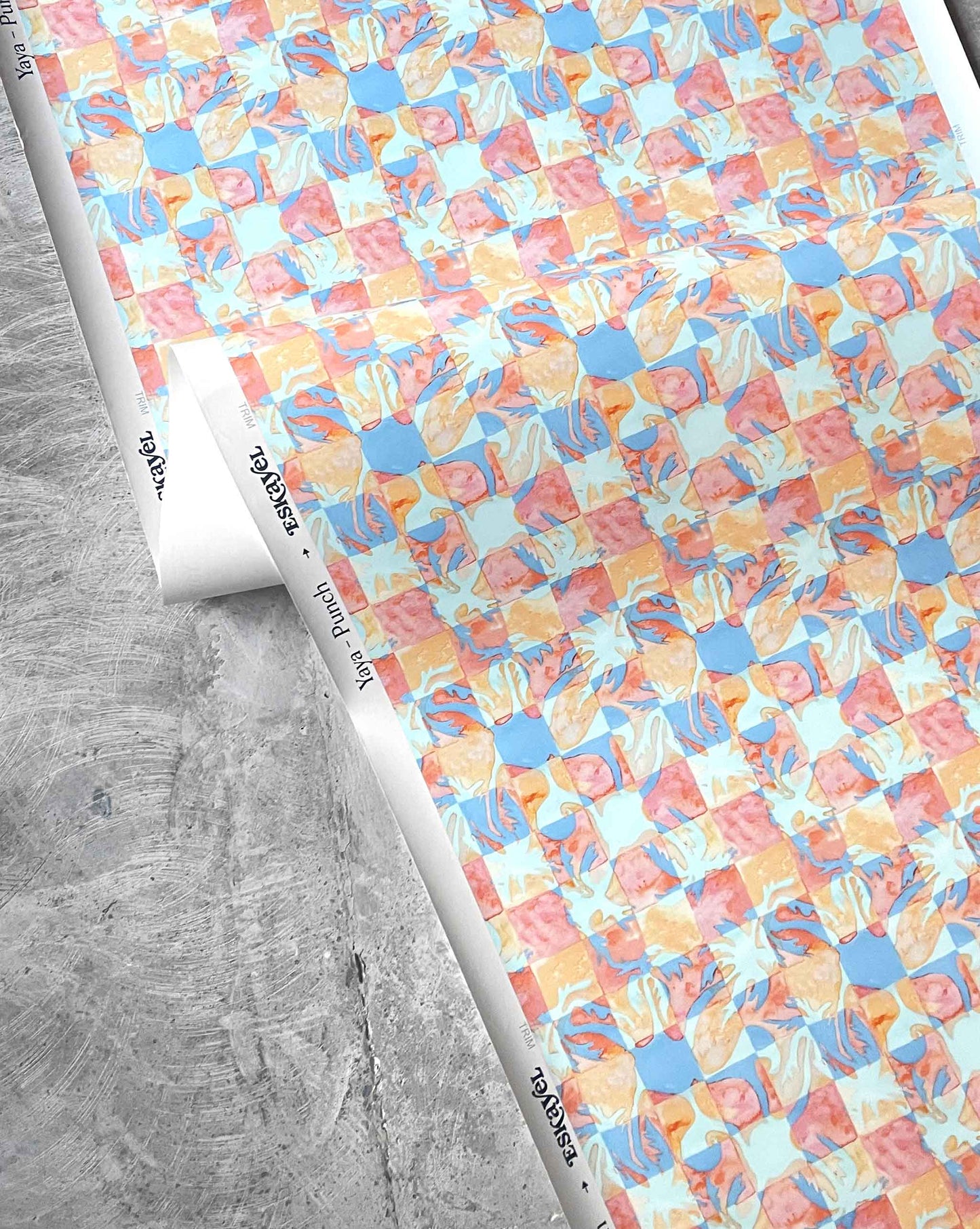 Yaya wallpaper in Punch in close up — beach-themed graphic botanical wallpaper in bright pink, peach, periwinkle blue, and pale turquoise | Eskayel