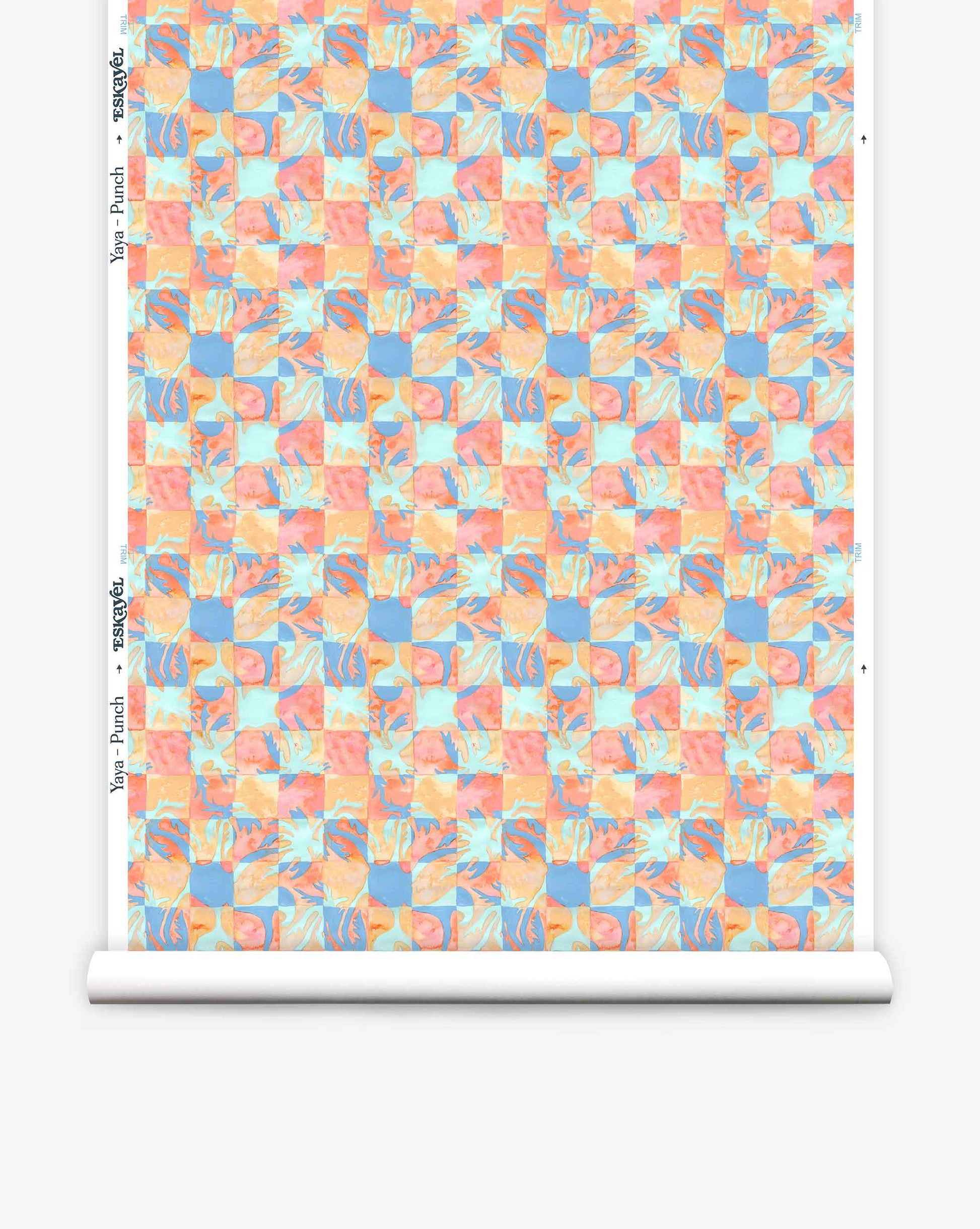 Yaya wallpaper in Punch on a roll — beach-themed graphic botanical fabric in bright pink, peach, periwinkle blue, and pale turquoise | Eskayel