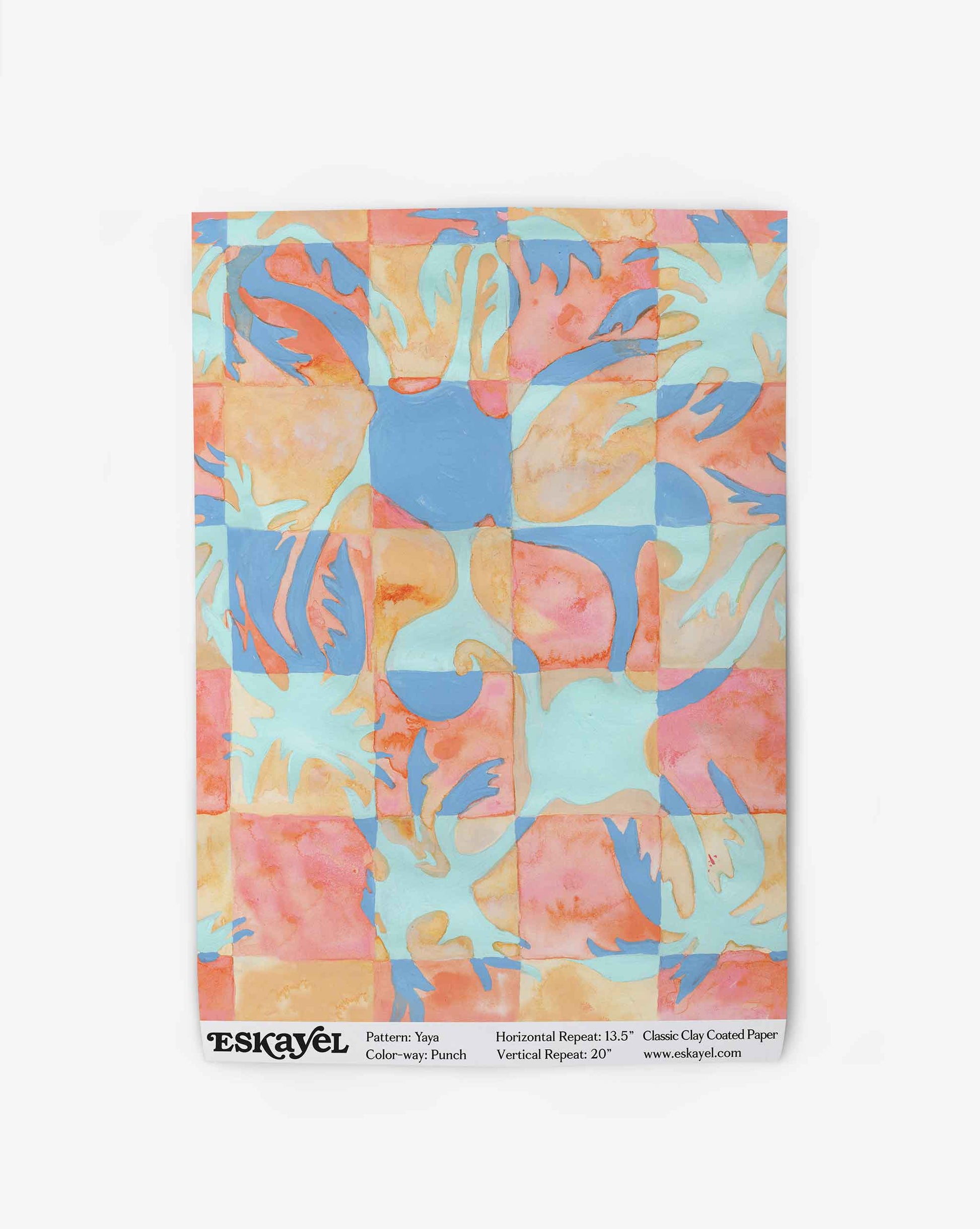  Yaya wallpaper in Punch as a swatch — beach-themed graphic botanical wallpaper in bright pink, peach, periwinkle blue, and pale turquoise | Eskayel