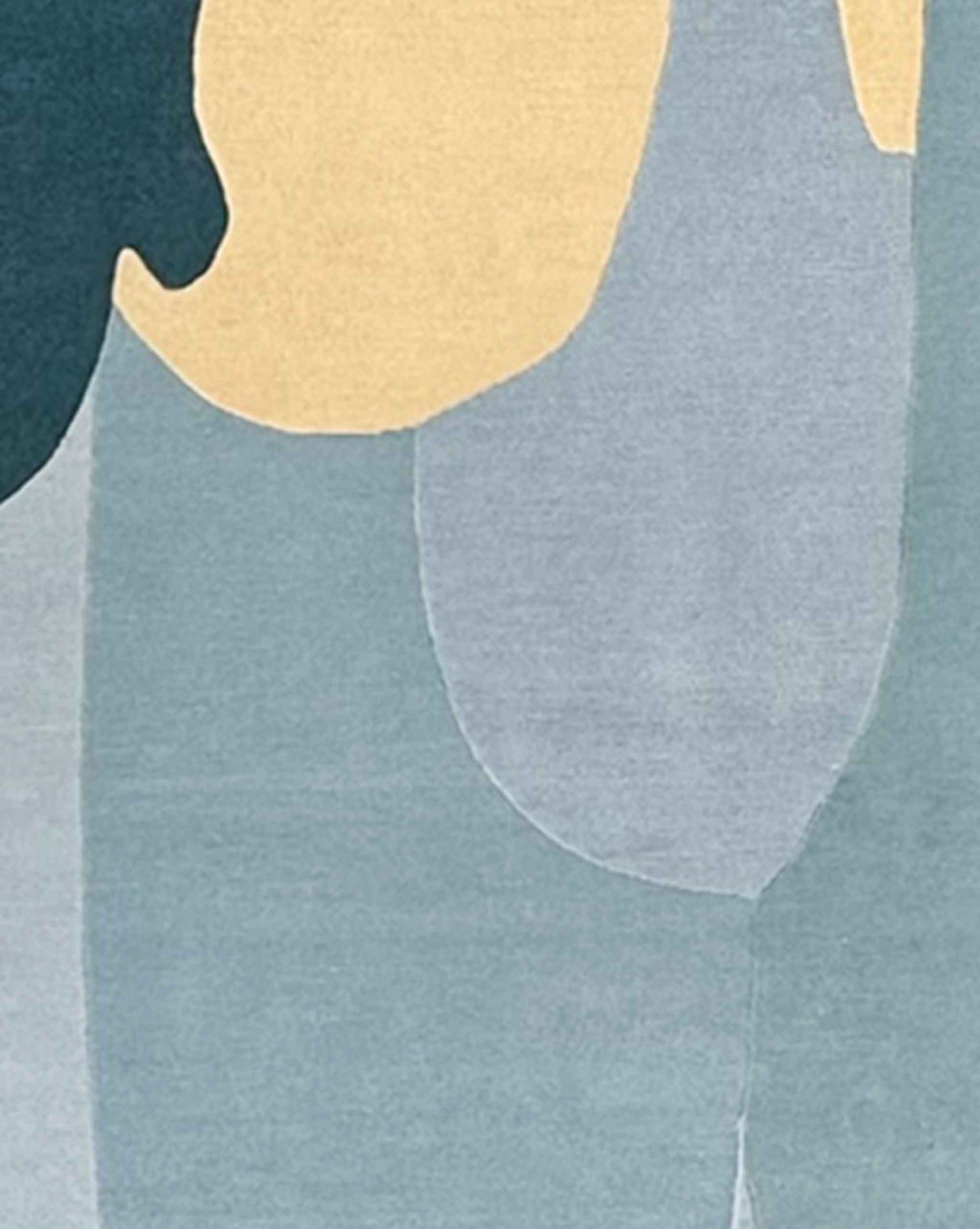 Eskayel's Arcos rug sample in the color sage is an abstract design with curved shapes in blue, yellow, and green.