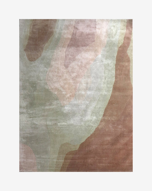 A Progressions Hand Knotted Rug 5' x 8' in the Corinth colorway, featuring a pink, brown, and beige design