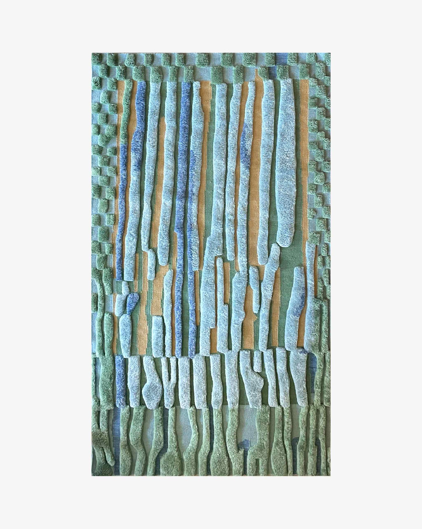 Pyrus Stripe Rug in Low Tide – hand-knotted studio-designed rug in green and blue | Eskayel