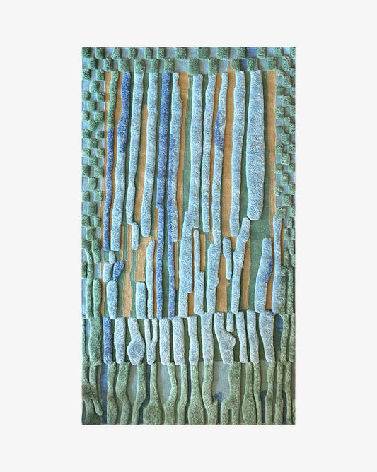 Pyrus Stripe Rug in Low Tide – hand-knotted studio-designed rug in green and blue | Eskayel