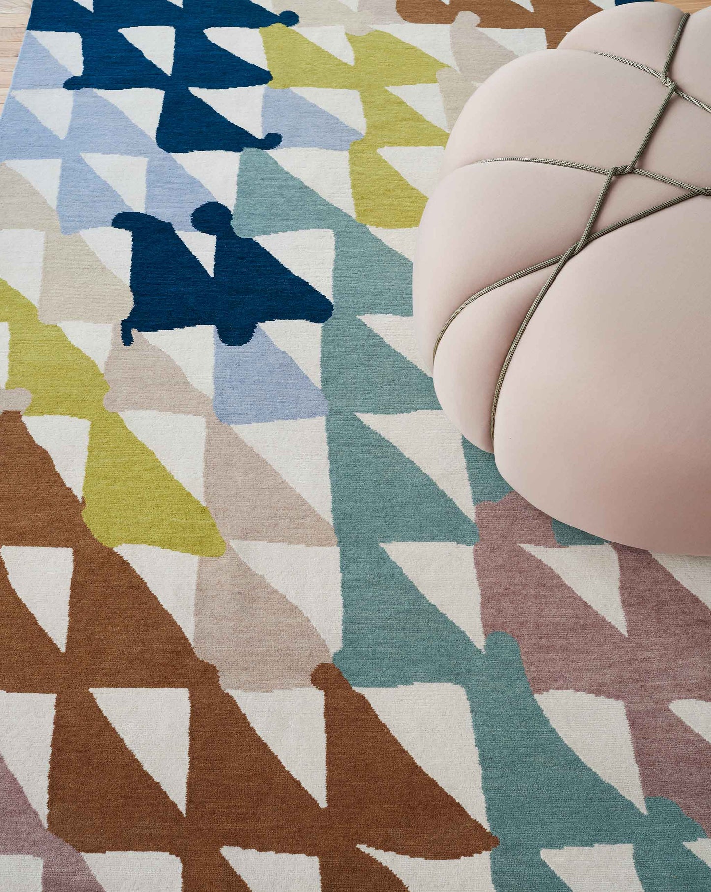 A Triangle Checks Hand Knotted Rug Multi with geometric patterns, including triangle checks and checkerboards
