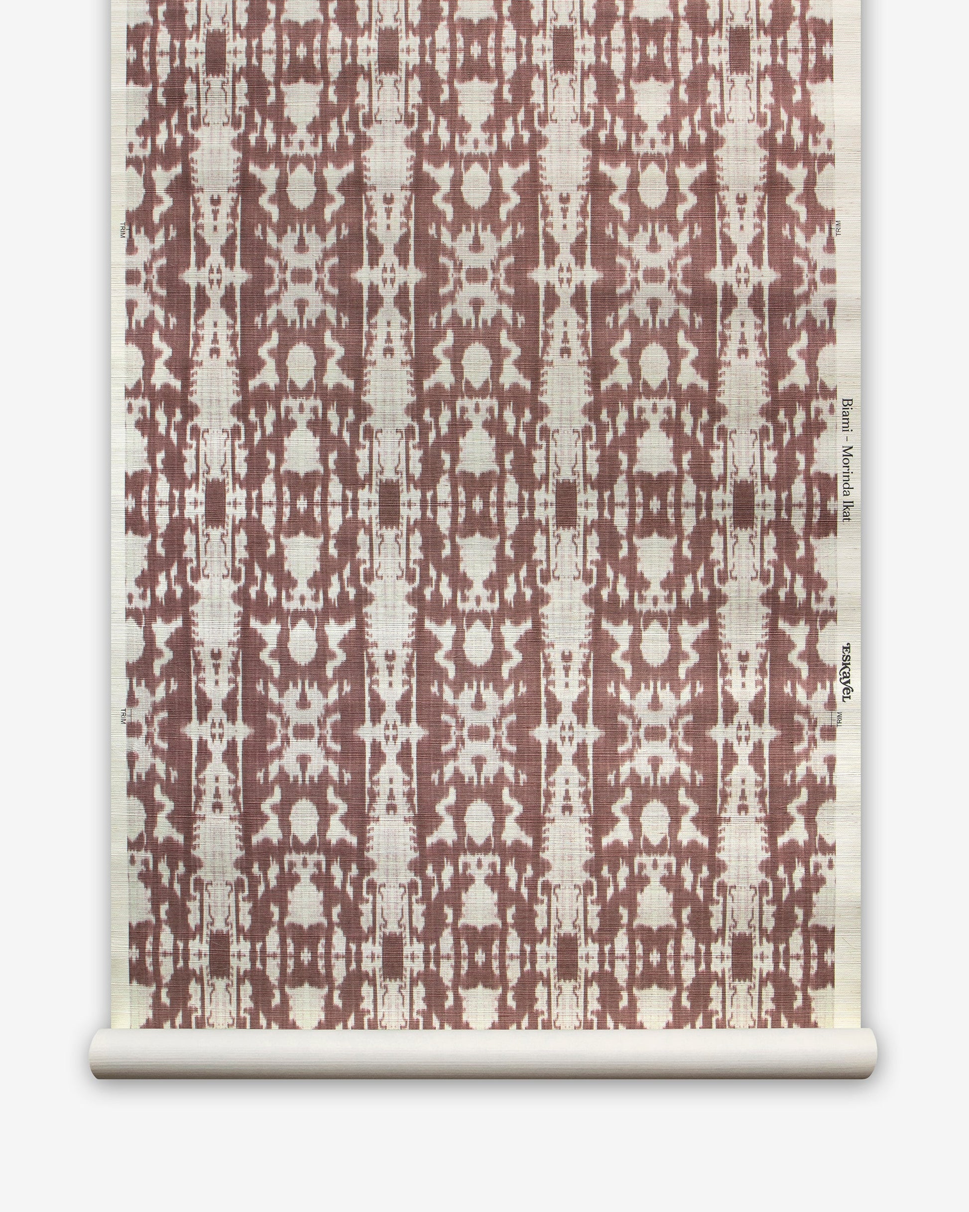 A brown and white Biami Grasscloth pattern with an abstract Morinda Ikat